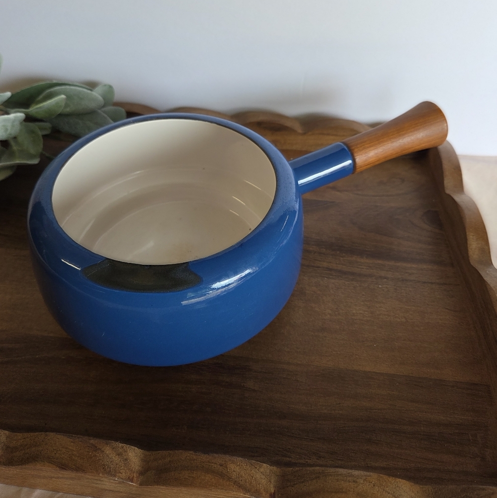 Vintage 1970's Blue Enamelware Fondue Pot with Wooden Handle